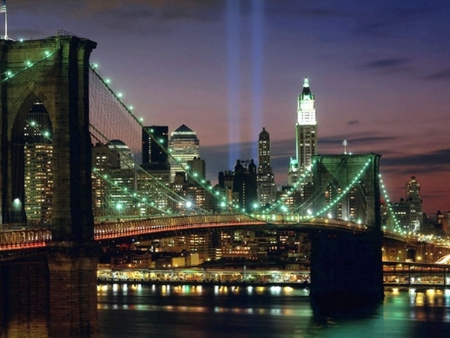 NY Bridge - water, beams, bridge, lights