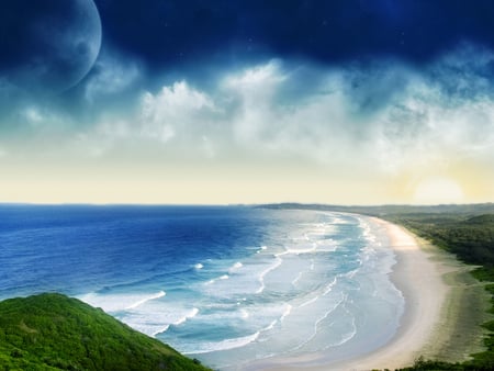 A Nice Place - moon, water, beach, air, waves