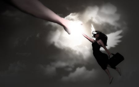 Flying High - helping, angel, clouds, hand, fantasy