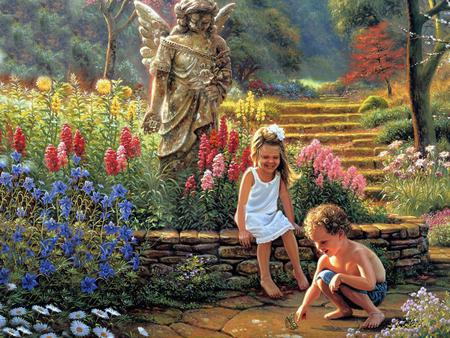 Butterfly - flowers, children, steps, garden