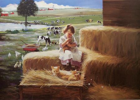 Mine - girl, cat, barn, straw