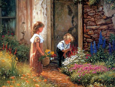 Look - flowers, boy, basket, painting, girl, art