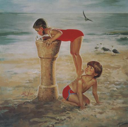 Stand on me - ocean, beach, girl, donald zolan, painting, fountain, art, children, boy, bath, sea