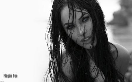 Megan Fox - photograph, black, white, face, actress