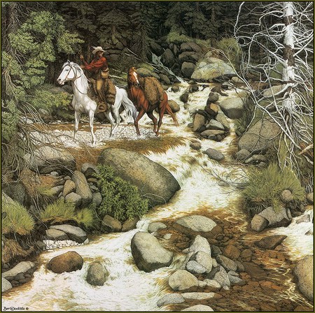 Riding Through The Woods - painting, wilderness, art, cowboy, horse, river, rocks