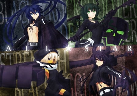 BRS - gun, scar, yuu, brs, kuroi mato, black hair, red eyes, scythe, twintails, blue eyes, long hair, horns, blue hair, green eyes, bow, weapon, green hair, strength, black rock shooter, dress