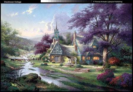 Clocktower Cottage - house, trees, stream cattle, beautiful, tower, painting, art, cottage