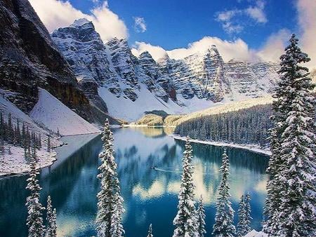 Mountain winter blues - ice, trees, snow, winter, blue lake, mountains