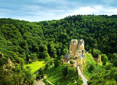 Castle in the green - trees, hills, green, towers, grass, valley, castle