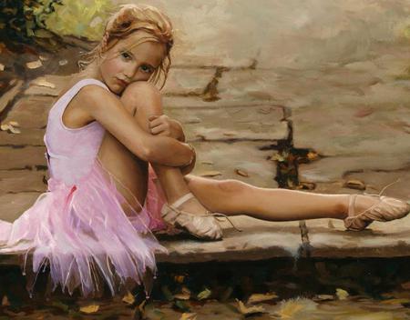 Little Ballerina - sitting, ballet, other, art, ballerina shoes, pink dress, curb, little girl, stone steps, beautiful, 3d, pink, sweet, nice, dancer, trees, female, sidewalk, ballet shoes, delicate, innocent, fantasy, painting, pretty, fine, green, cute, shoes, serene, girl, sad, resting, cg, abstract, pose, ballerina, outfit