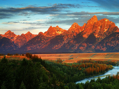 Grand Teton,   Wyoming - trees, valley, mountain, sky