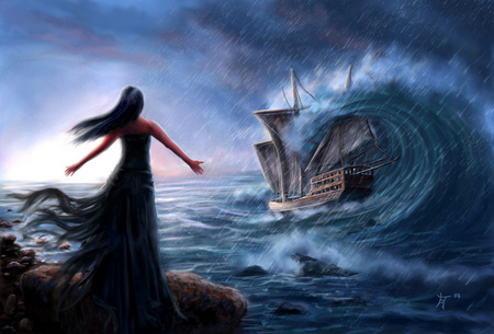 Sirens Cove - woman, danger, cove, lady, girl, shore, rough seas, wave, fantasy, tempest, storm, ship, digital