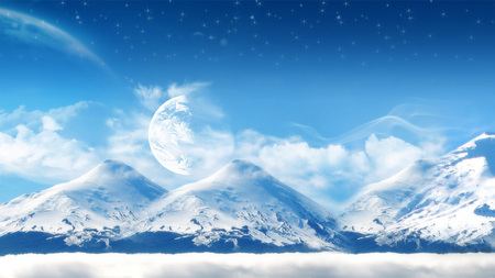 Snow covered volcano - moon, winter, volcano, snow covered, mountains