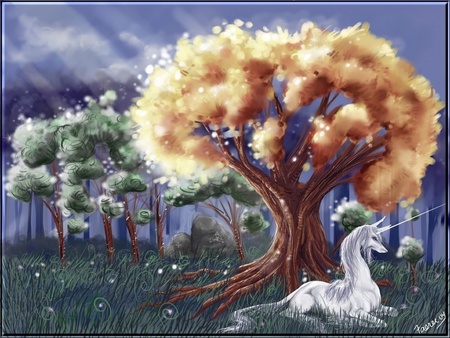 Last Unicorn - trees, lady amalthea, resting, evening, unicorn