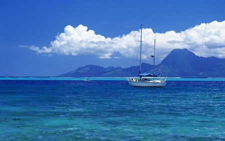 Sailing away - sailing, blue ocean, boat, island, mountains