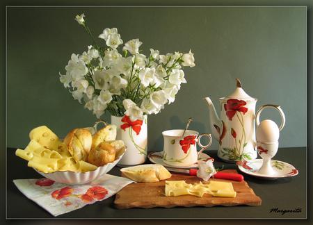 still life - porcelain, breakfast, food, photo, flowers, red, nice, egg, vase, bread, poppy, beautiful, photography, still life, flower, bouquet, cheese, drink, white