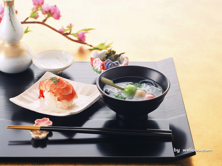 Dinner is served - soup, bowl, sushi, orchid flowers, japanese