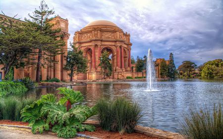 Beautiful - clouds, trees, water, alley, fountain, beautiful, grass, architecture, tree, peaceful, monuments, sky