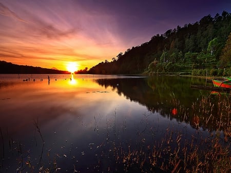 Sunrise - lake, sky, landscape, trees, sun, colorful, nature, reflection, clouds, beautiful, green, colors, sunrise, boat