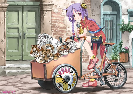 Sweet Girl on Bike With Tiger Baby's[HD] - bike, twintails, ken, isedachi, redsuit, threewheeler, hd, young, anime, tiger, buns