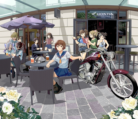 Awsome Motercycle Chick [HD] - motorcycle, brown eyes, anime, ponytail, boots, original, seifuku, brown hair, flowers, short hair, hd, rose, echizenya tawara no kai norihiko, motercycle