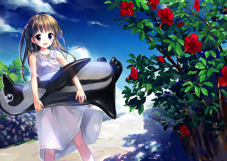 Walking Through The Garden [HD] - hd, penguin, takoyaki, flowers, anim, original, dress