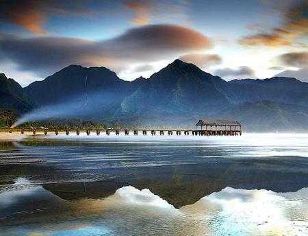 Mooring in Hawaii - reflections, clouds, ocean, mountains, long dock, sky