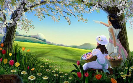 Magic garden - tree, girl, grass, flower