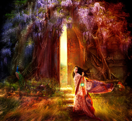 The door - garden, girl, fantasy, door