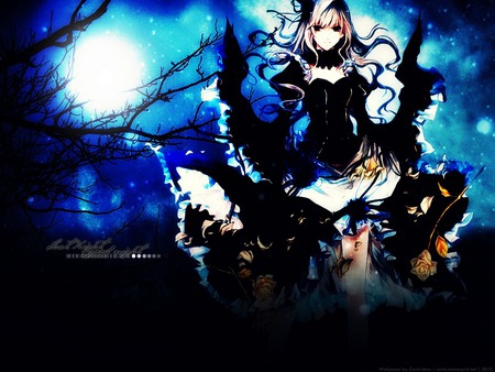 Girl into the darkness - dress, roses, anime girl, dark