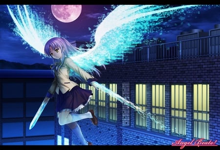 Angel Beats - sky, angel, kanade, tenshi, wings, dangerous, seifuku, red eyes, battle, anime, angel beats, brown shoes, blades, yellow eyes, moon, building, tachibana, girl, long hair, night, purple hair, white socks, purple moon, uniform, tachibana kanade, white hair