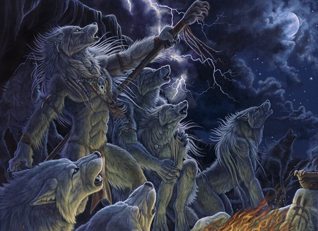 The storm - storm, fantasy, blue, wolves