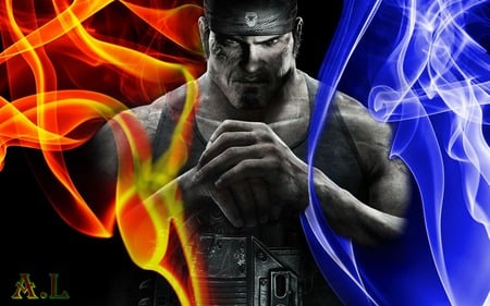 Marcus Fenix On Fire - cog, jt, iphon 4, marcus finix, fire, best, cool, angels, gears of war 3, linkin park, dom, entertainment, games, gow 3, red, 3d, video games, new, avatar