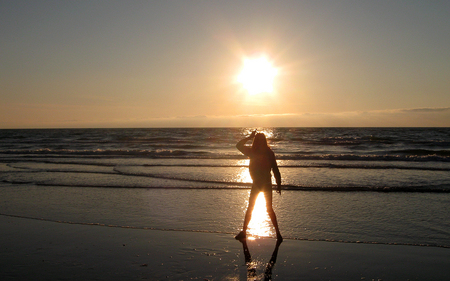 Girl in a Sunbeam - beach, sunset, girl, reflection