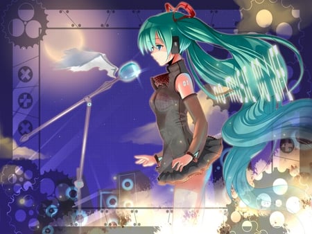 Miku - moon, vocaloid, miku, hatsune miku, long hair, microphone