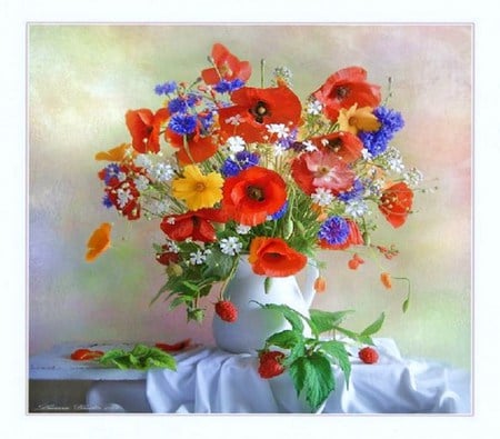 Cheery and bright - still life - white, table cloth, purple, yellow, red, green, colors, flowers