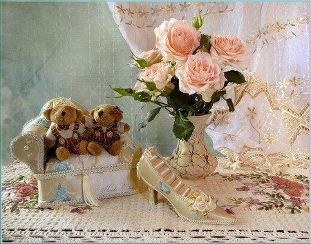 still life - vase, roses, sofa, beautiful, photography, flower bouquet, photo, pink, gentle, bears, flowers, shoes, souvenirs, plush toys, peaceful