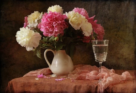 still life - vase, beautiful, photography, flower bouquet, photo, pink, jug, drink, flowers, peony, white, peaceful, cup