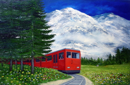 RED TRAIN - flowers, clouds, trains, nature, snow, mountains