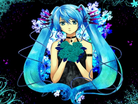 Hatsune Miku - hatsune miku, girl, twintail, hatsune, vocaloids, pretty, blue roses, vocaloid, blue, beautiful, anime, miku, flowers, cute