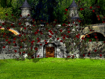 HIDDEN CASTLE - roses, castle, red, flowers, field, structure