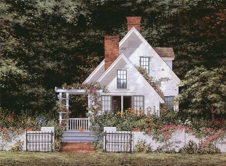 Home sweet - cat, trees, gate, peaceful, chimney, window, door, trelis, animal, house, flowers