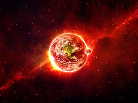 Hot in space - space, glowing, rays, red, planet, aura, stars, light