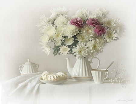 Splash of color - vase, cloth, table, kettle, sweets, pink, flowers, white, cup