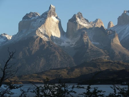 Torres del Paine, Chile - south america, water, land, snow, lake, mountains, houses, peaks