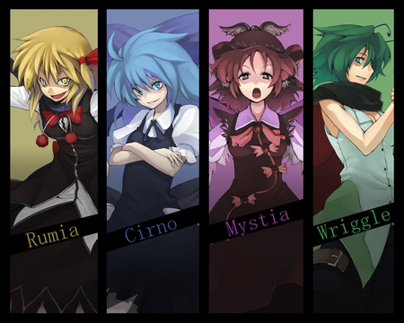 Touhou - girls, rumia, touhou, wriggle, cirno, anime, mystia