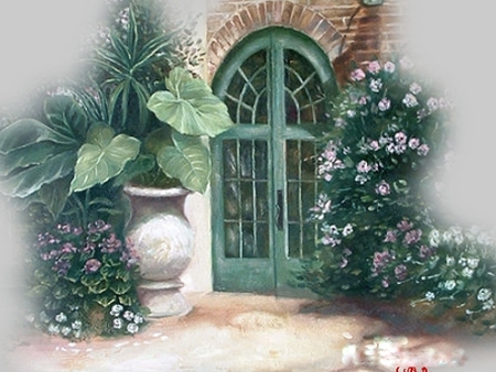 the green entrance - doors, planters, abstract, flowers