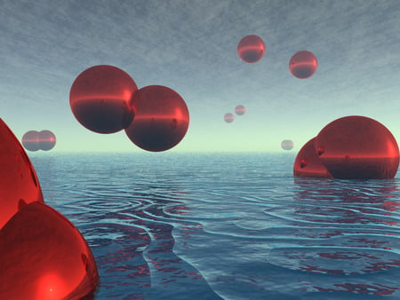 Red Balls in Water - balls, water, 3d, red