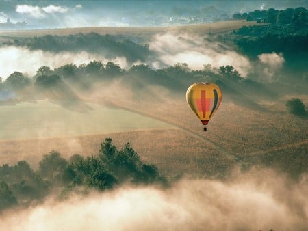 Hot Air Balloon - hot air balloon, clouds, nature, balloon, fields, sky