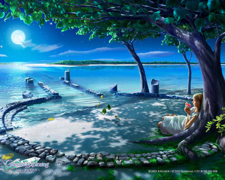 under the tree - fantasy, nature, blue, sea, tree